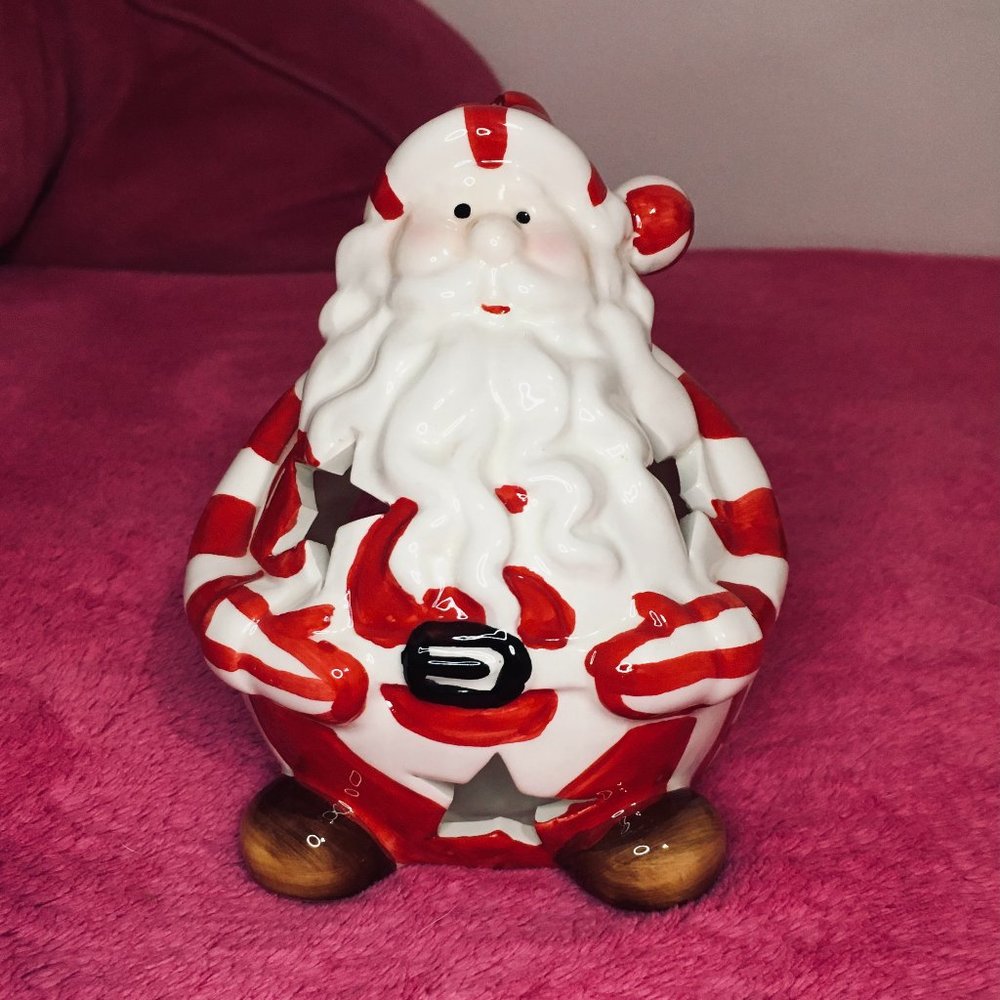 Ceramic Santa Claus Tea Light or LED Light Holder - Peppermint Pattern